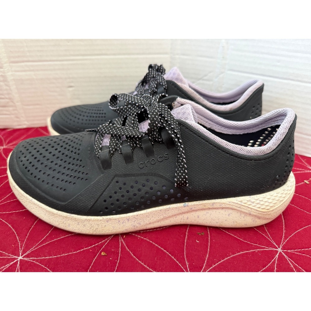 Crocs LiteRide‎ Pacer Womens Sneakers Black Lavender Polka Dot Laces 205234 Sz 9